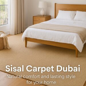 Cozy Dubai bedroom with beige sisal carpet and wooden furniture